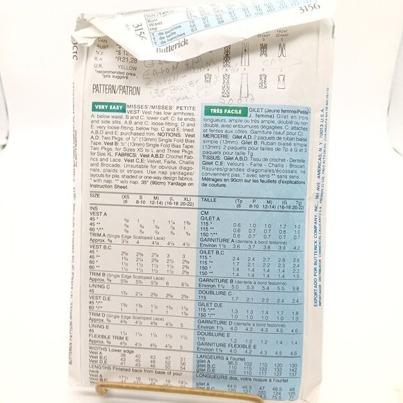 Butterick 3156 Fast & Easy Classics Misses Vest Vintage Sewing Pattern L-XL 1993 - Picture 2 of 2